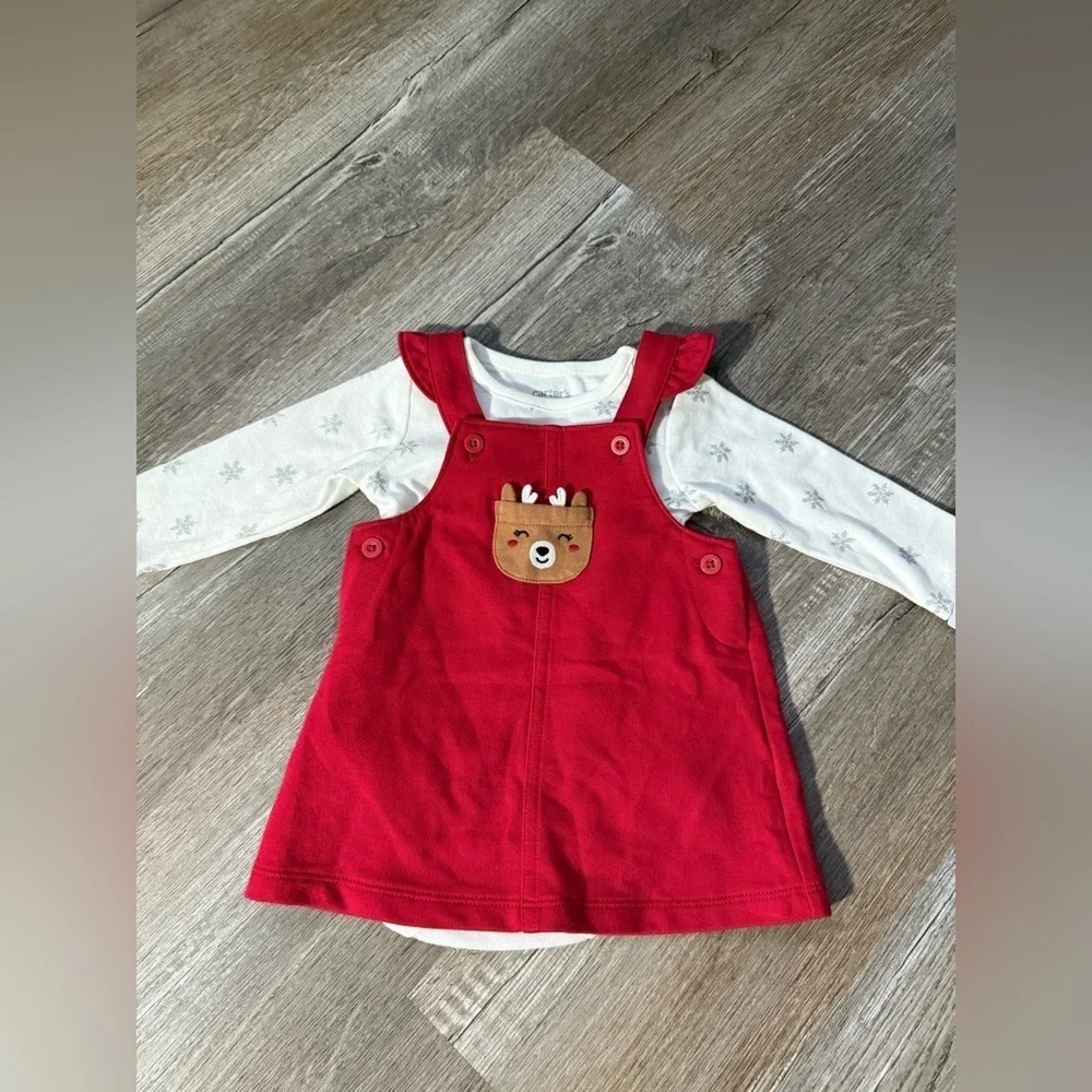 NWT Carters 2 Piece Set Christmas Reindeer Outfit Red Dress Jumper Size 3-6 Mos